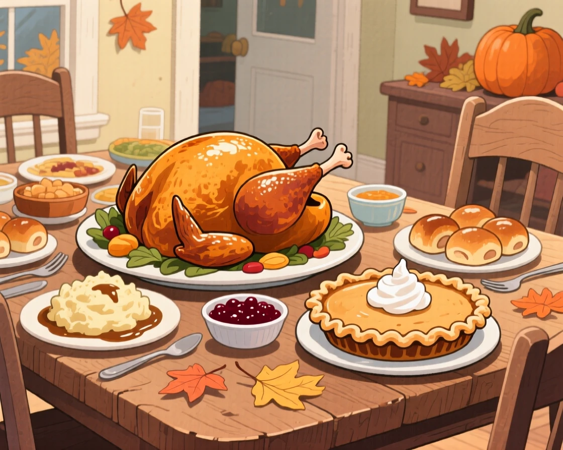 A rustic table spread with a Thanksgiving feast of roasted turkey and pumpkin pie, radiating delicious coziness.