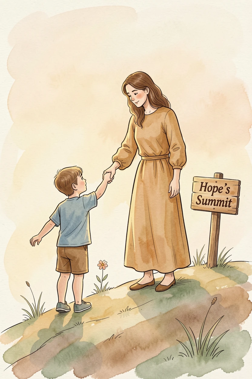 A child reaching for the outstretched hand of a parent atop a hill, warm light framing the scene with gentle optimism.