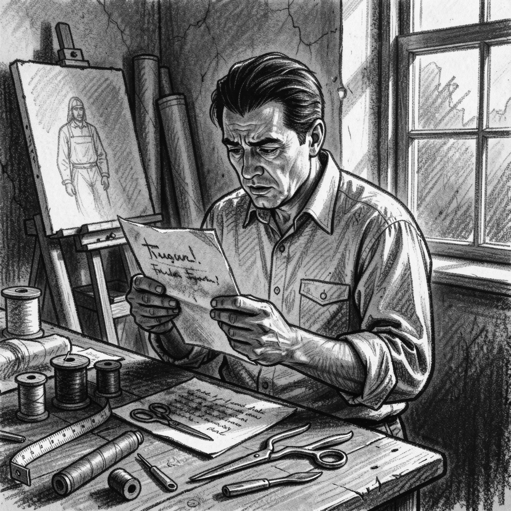A tailor reading a letter with a mixture of hope and longing, in an artist's studio.