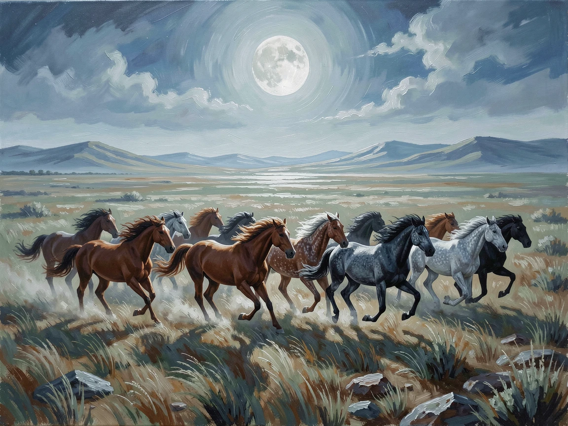 Under the soft light of a full moon, a herd of wild horses galloping across open grassland, across a vast, wind-swept prairie, the herd moving together in perfect coordination.