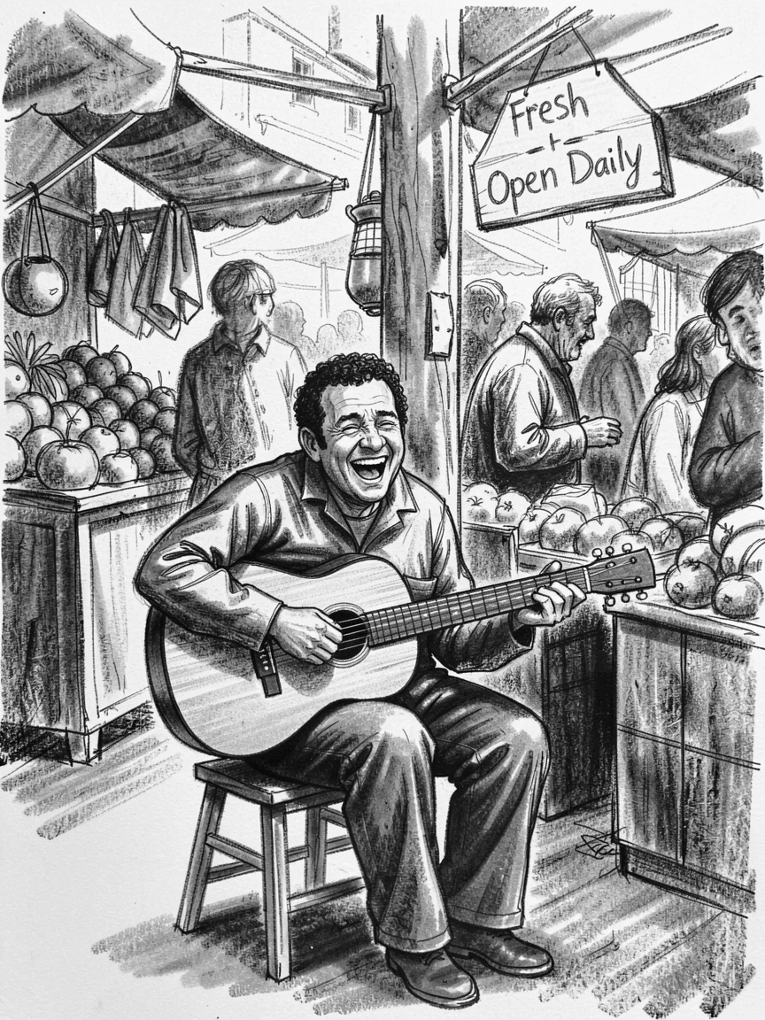 A street musician caught mid-laugh at a shared joke, in a bustling market square.