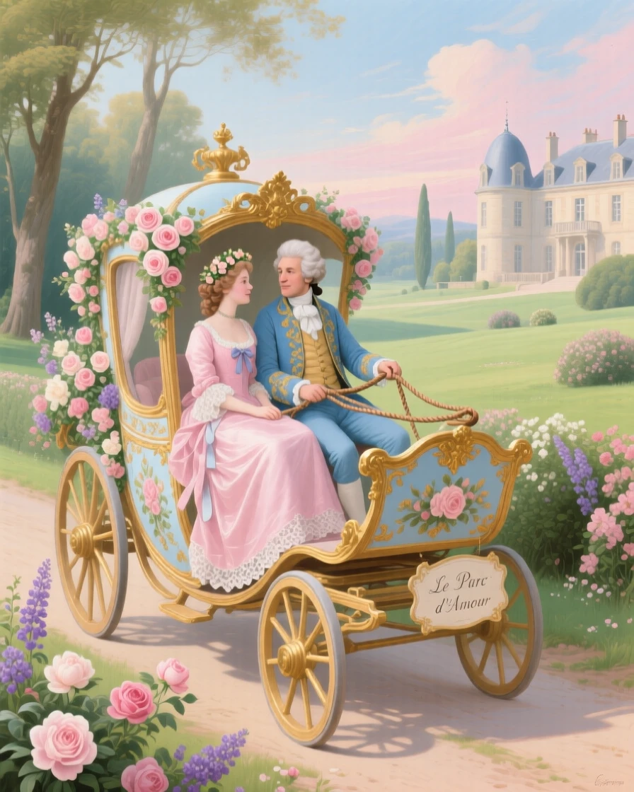 A couple riding in a flower-decorated carriage through a countryside estate  