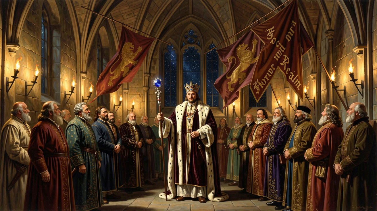 A king gathers in the great hall of a castle glowing with torchlight at night as banners flutter in the wind.