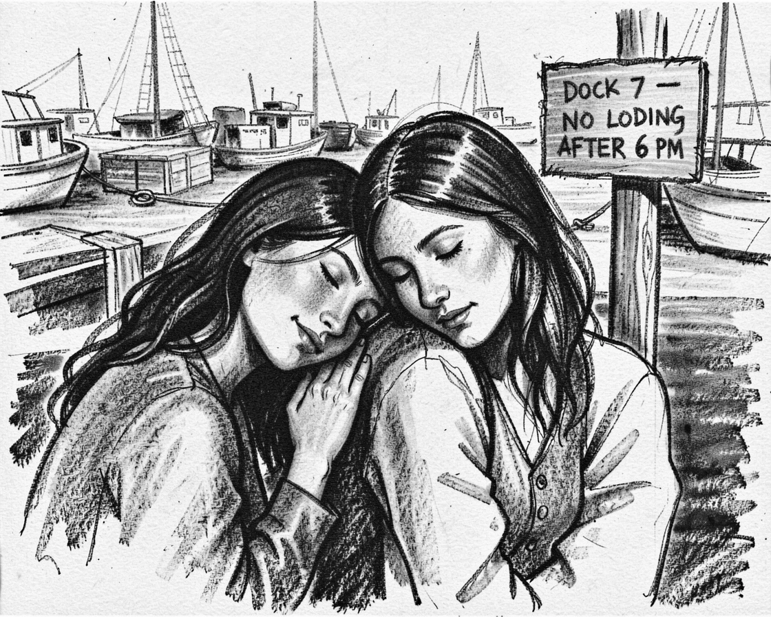 Twin sisters resting their head on a partner's shoulder, at the edge of a bustling harbor.