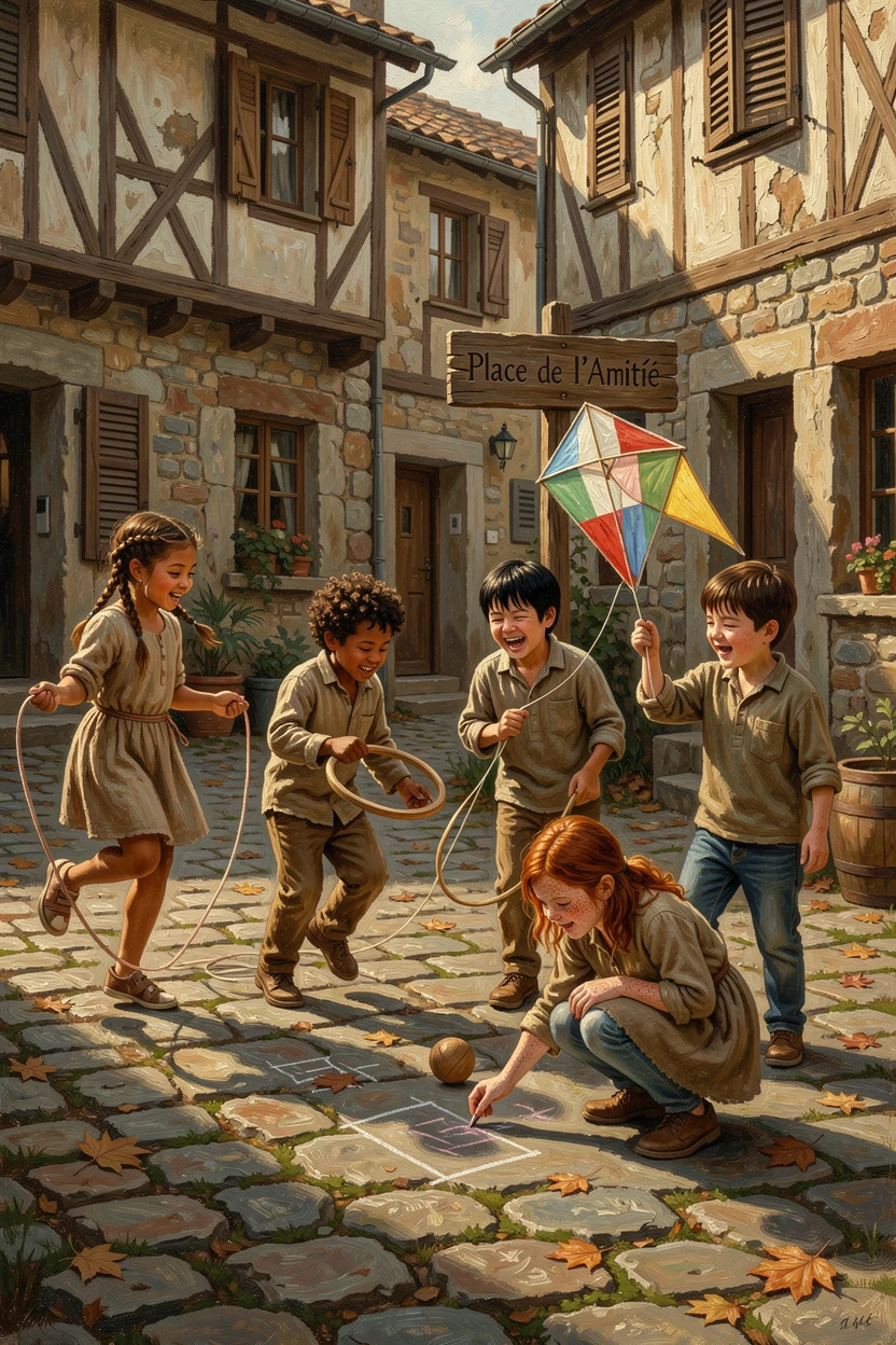 A group of children from different backgrounds playing joyfully together, as the setting itself echoes the emotional weight of the scene, designed to inspire and uplift anyone who views it