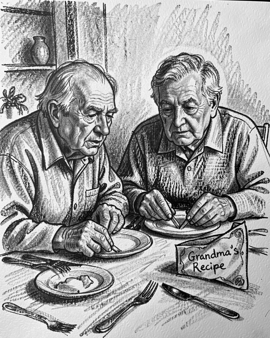 An elderly couple working intently with focused concentration, at a family dinner table.