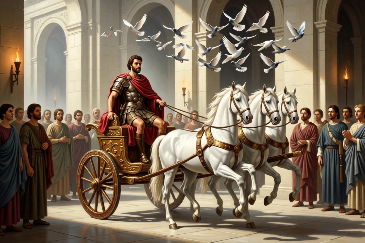 A triumphant Roman general riding a chariot drawn by four white horses just as the crowd falls silent in awe, set within a torch-lit palace hall of gleaming stone, with a flock of startled doves scattering into the sky above; the crowd forms a natural frame around the central action, filled with reverence for legend made flesh.