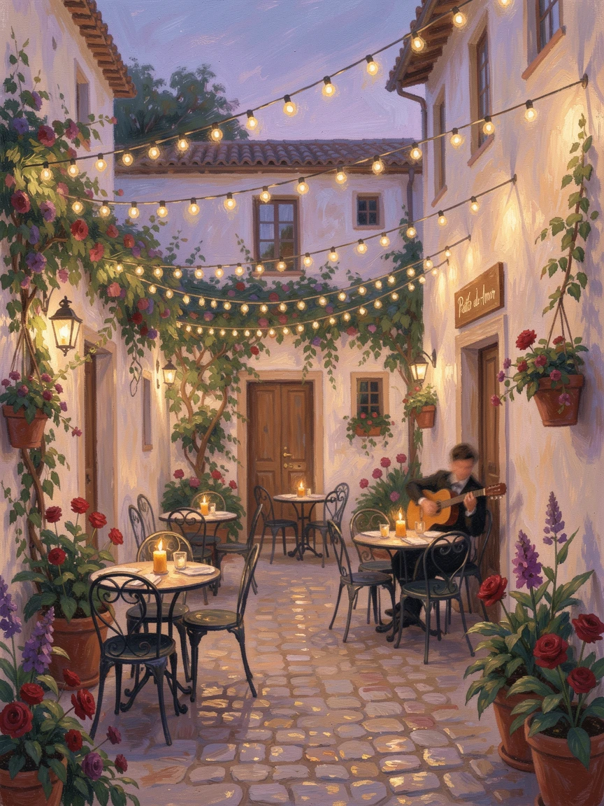 A hidden courtyard restaurant in Seville strung with fairy lights and filled with the sound of flamenco guitar, conveying a feeling of romance and tranquility.