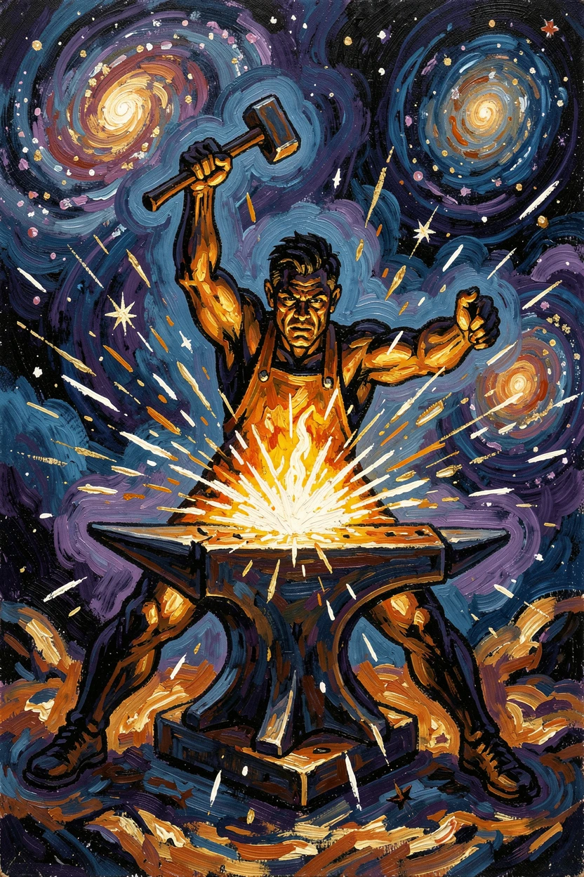 A celestial forge where a blacksmith hammers new stars from molten light.