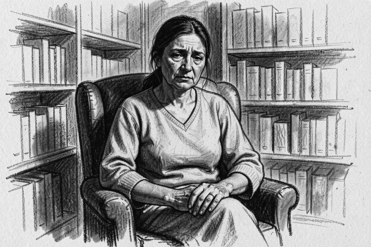 A mother resting after a hard day's work, hands calloused and proud, in a quiet library.