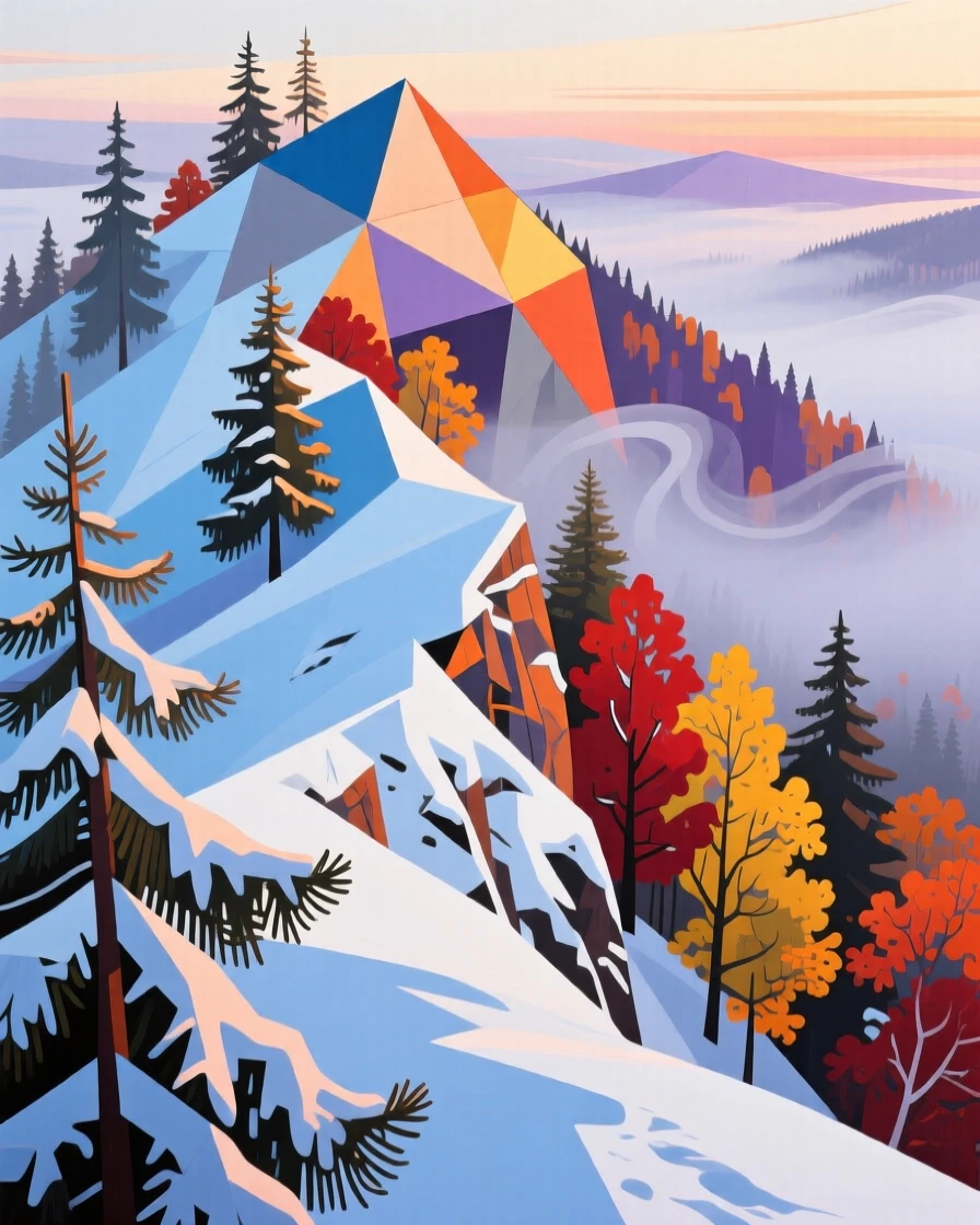 A candid medium shot of a snow-dusted pine ridge during a soft misty dawn, during vibrant autumn.