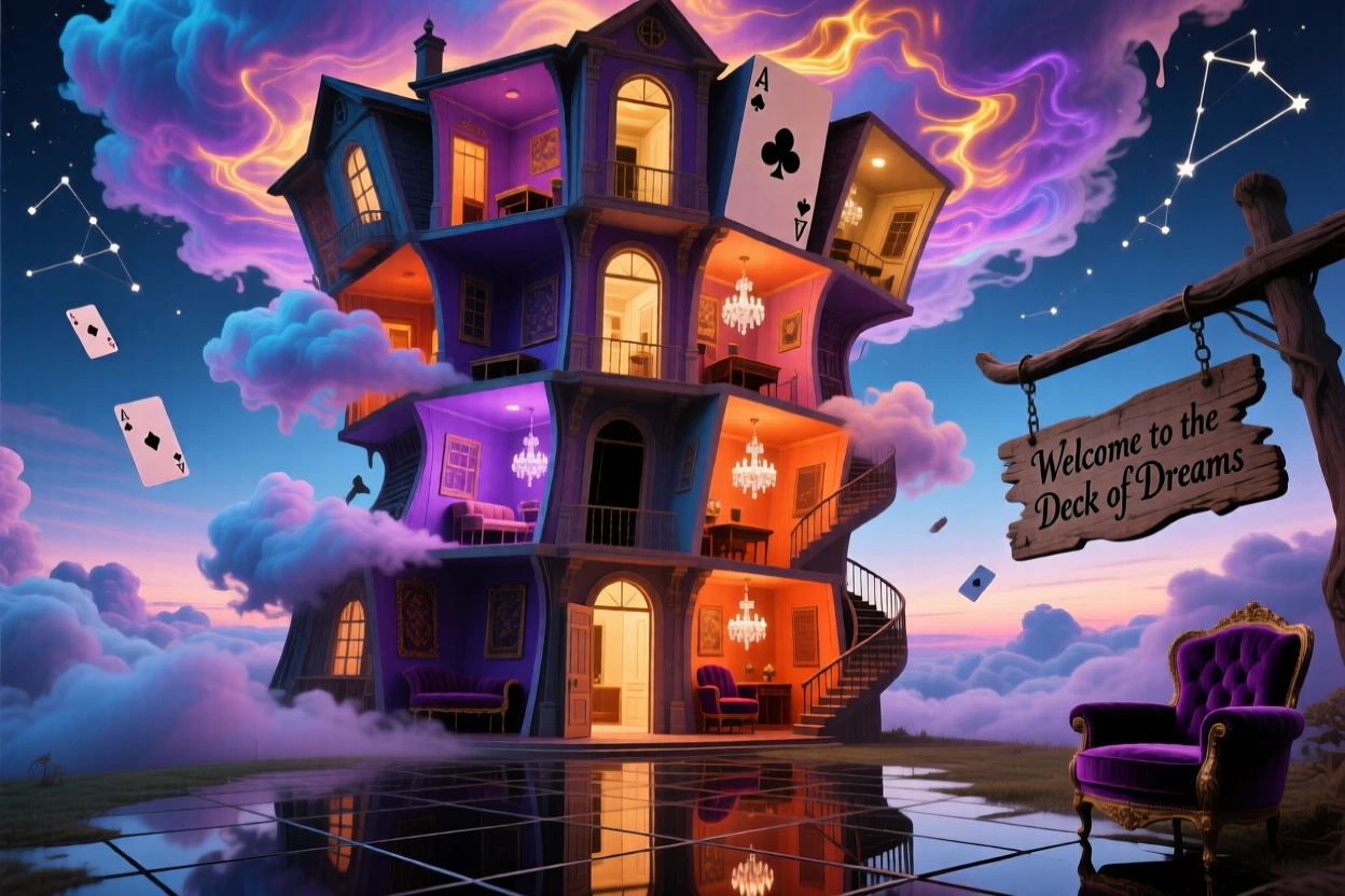 A mansion whose rooms are stacked like playing cards reflects a version of itself upside down in the clouds, as clouds pass slowly through its open doorways.