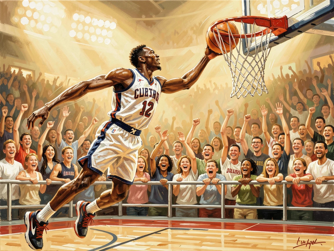A basketball player soars for a slam dunk beneath stadium lights, the crowd roaring as the ball approaches the rim, warm ambient light illuminating faces filled with joy and communal spirit.
