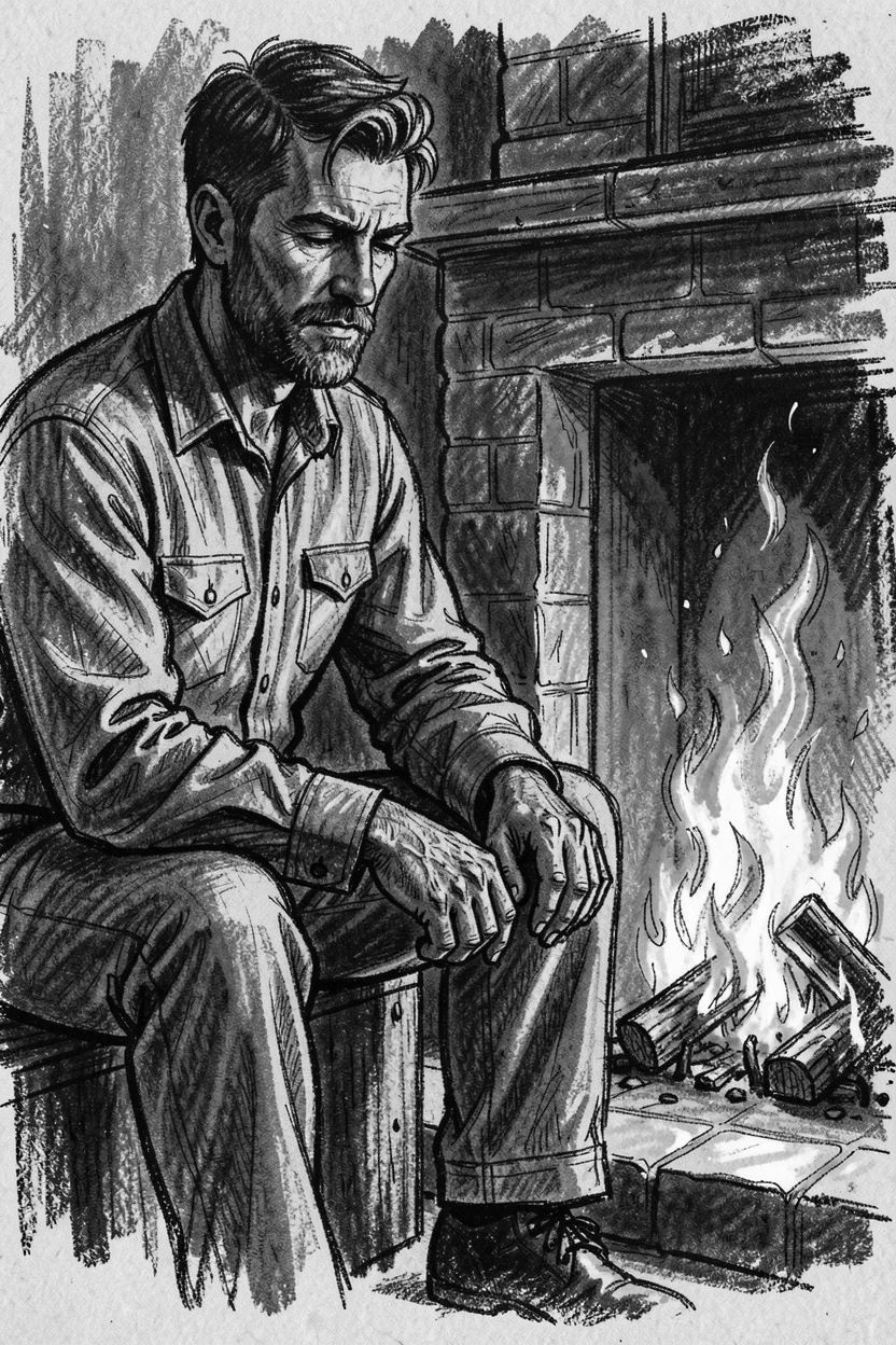 A groom resting after a hard day's work, hands calloused and proud, beside a crackling fireplace.