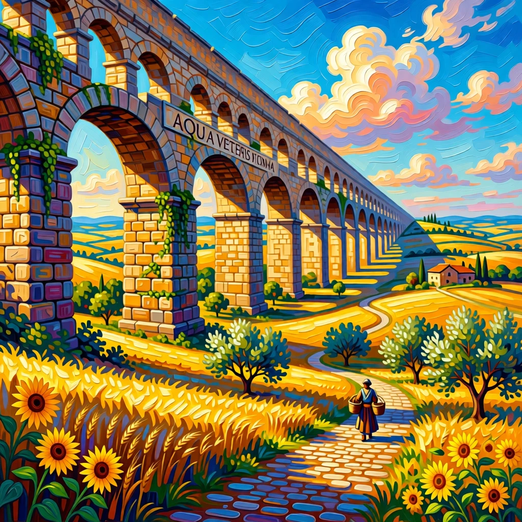An ancient stone aqueduct stretching across a golden Mediterranean valley