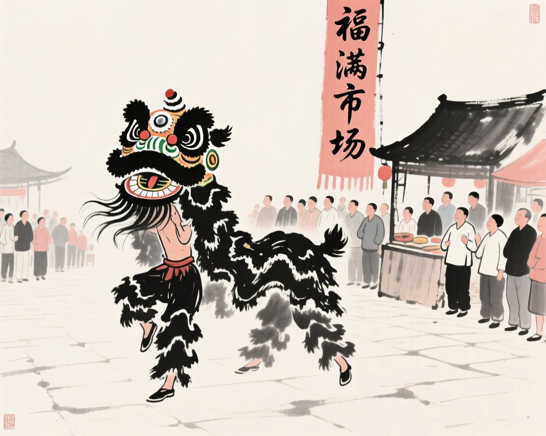 A lion dance troupe performs before a crowd gathered in a market square, as neighbors gather to watch the celebration unfold.