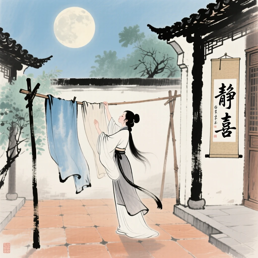 A woman hanging silk to dry in a sunlit courtyard, under a full moon, suffused with quiet joy.