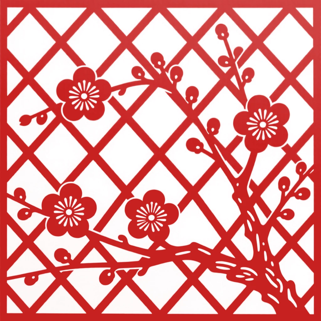 A grid of small diamond lattice patterns interspersed with tiny blossoming plum branches