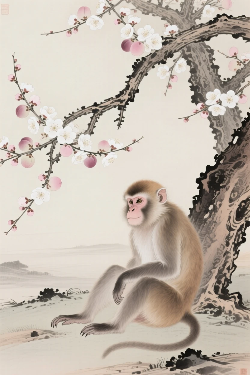 A monkey resting beneath a blooming plum tree