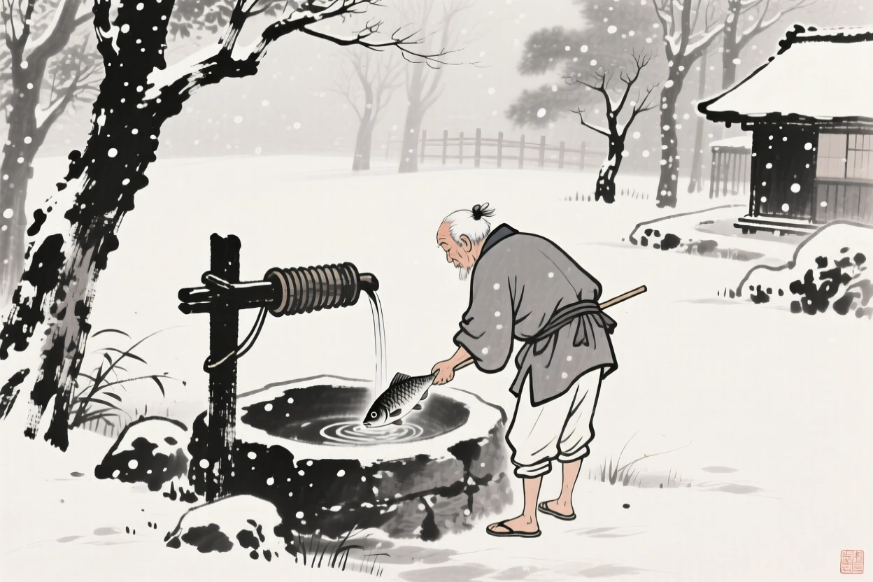 An old fisherman drawing water from a village well in a quiet garden beneath falling snow, seen from behind, gazing out toward the horizon, suggesting harmony between people and their surroundings.