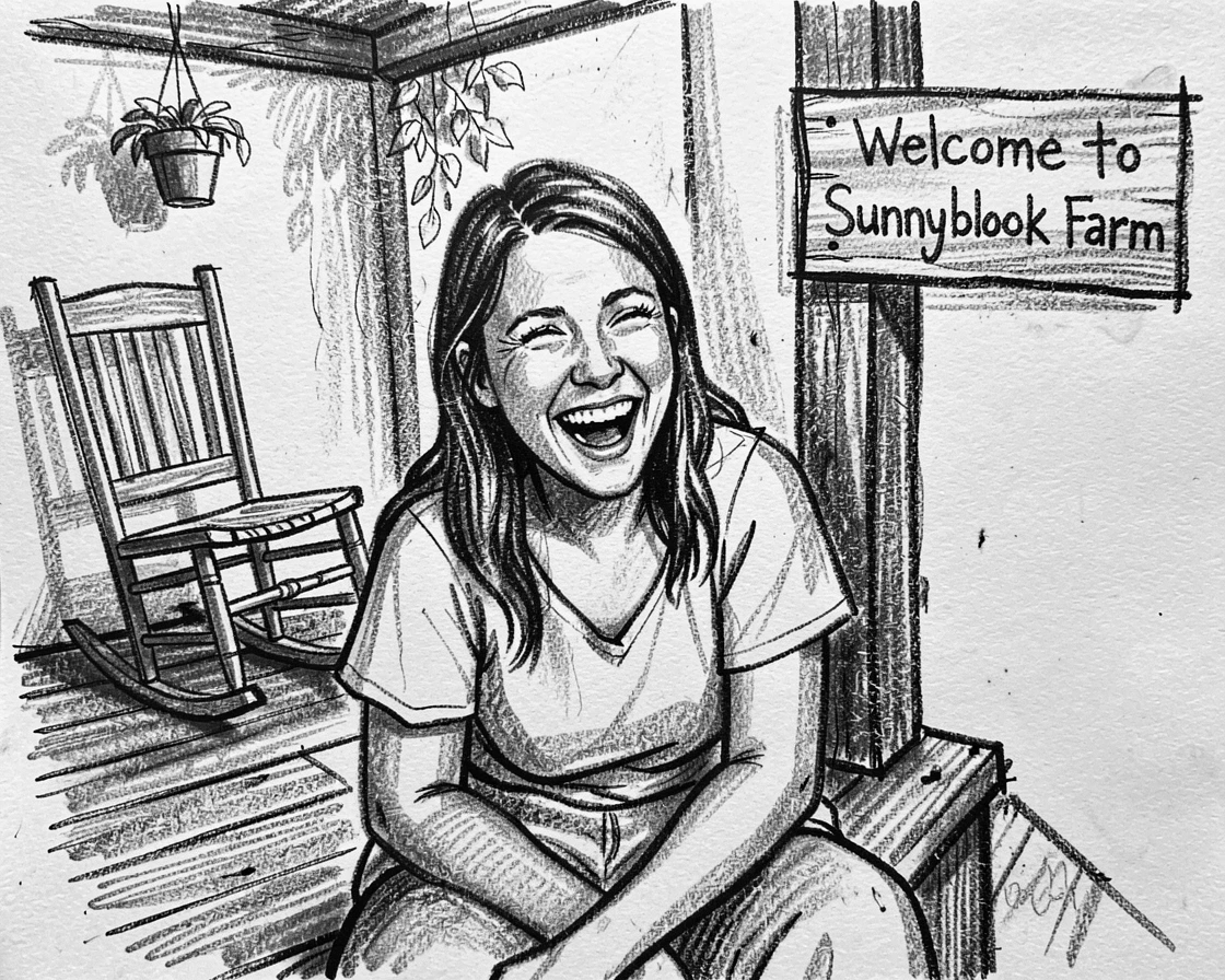 A young mother laughing with pure joy, eyes crinkled with happiness, on a rustic farmhouse porch.