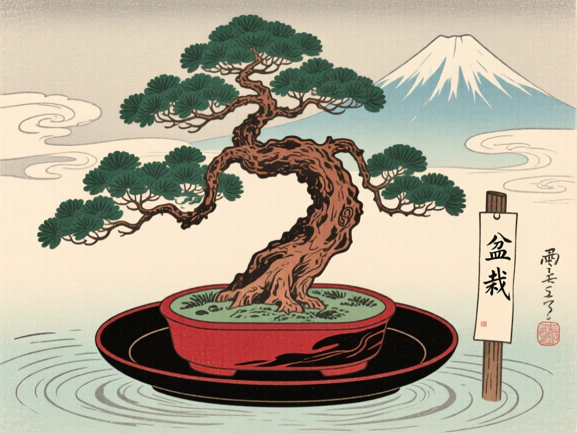A carefully pruned bonsai tree displayed on a lacquered dish.