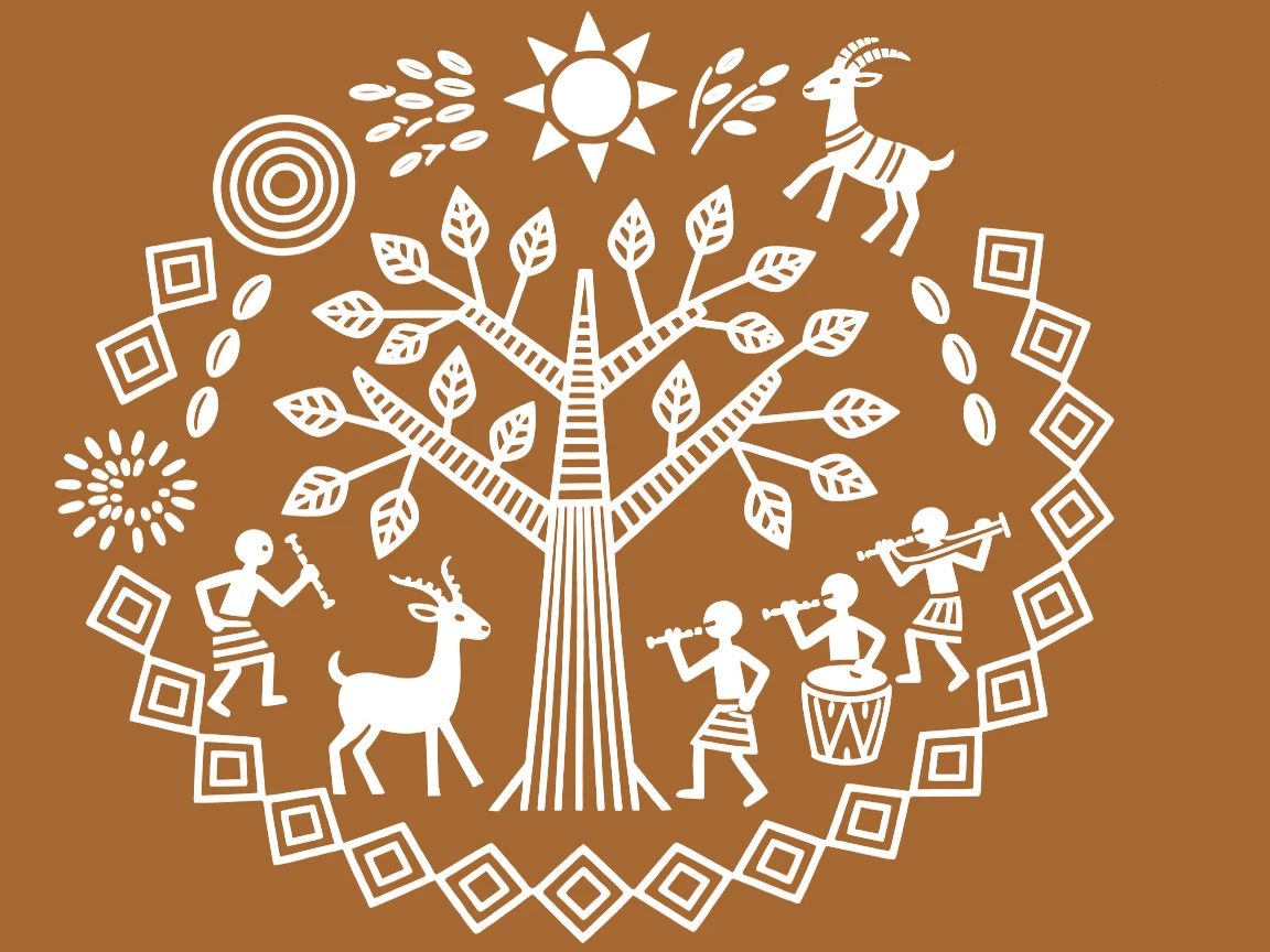 A composition centered on a tree of life surrounded by symbols of prosperity and good fortune.