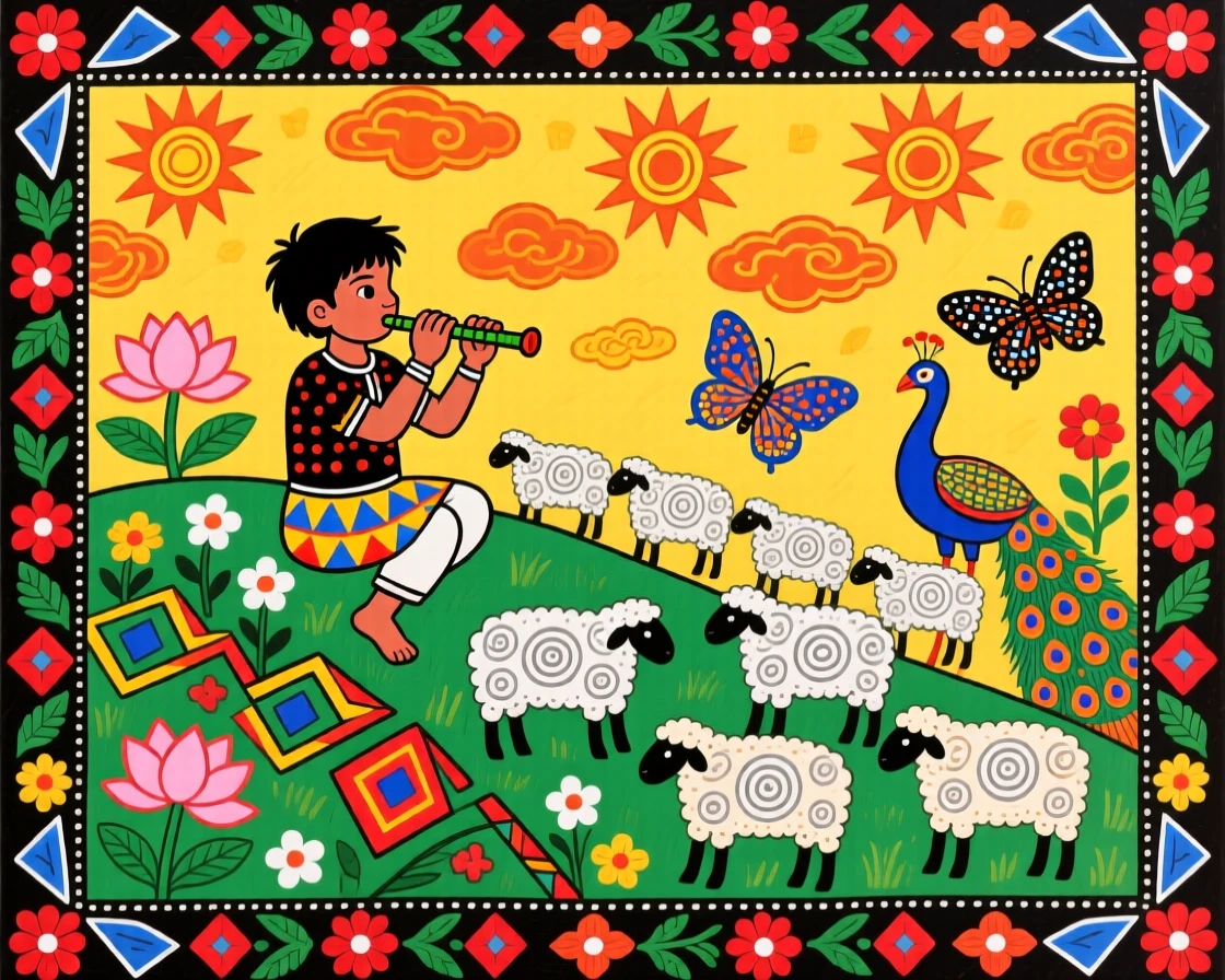 A shepherd boy playing his pipe as sheep graze on a hillside.