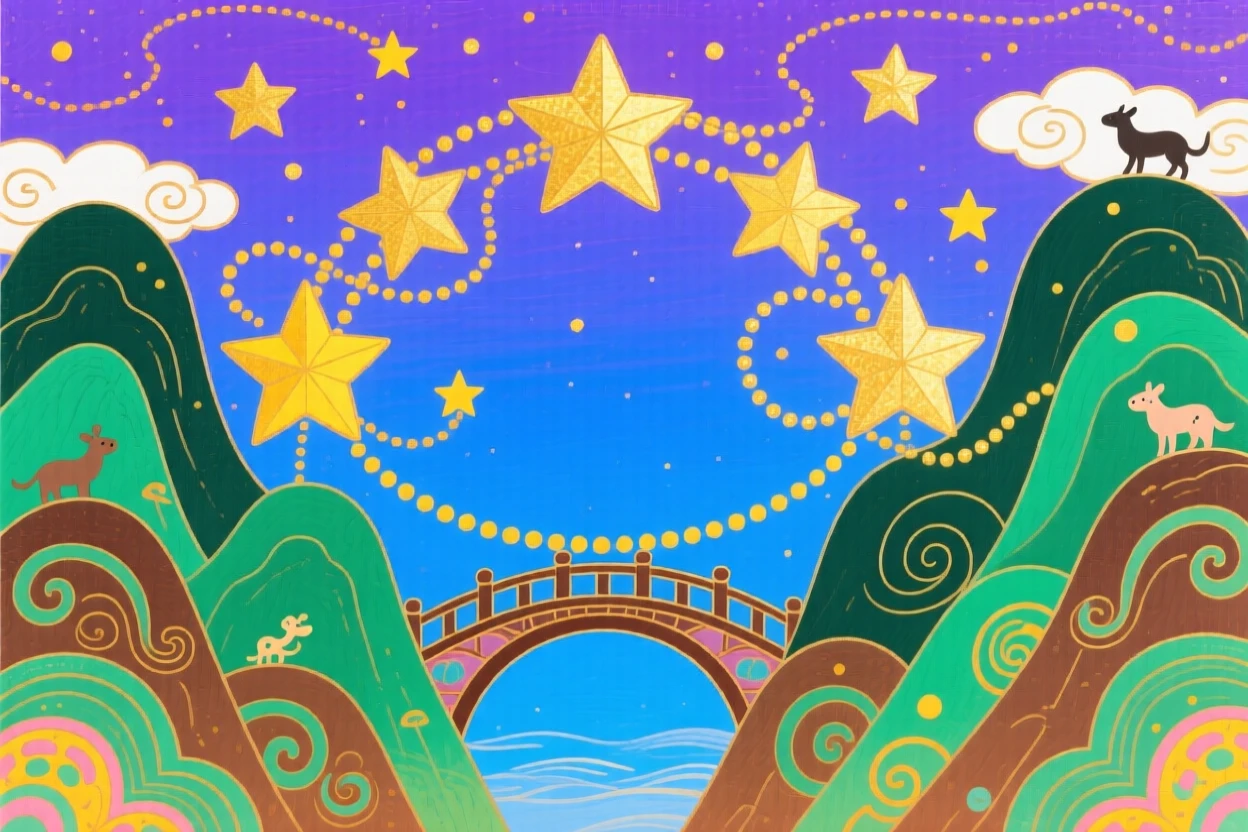 A dreamlike bridge of stars connecting two distant mountain peaks.
