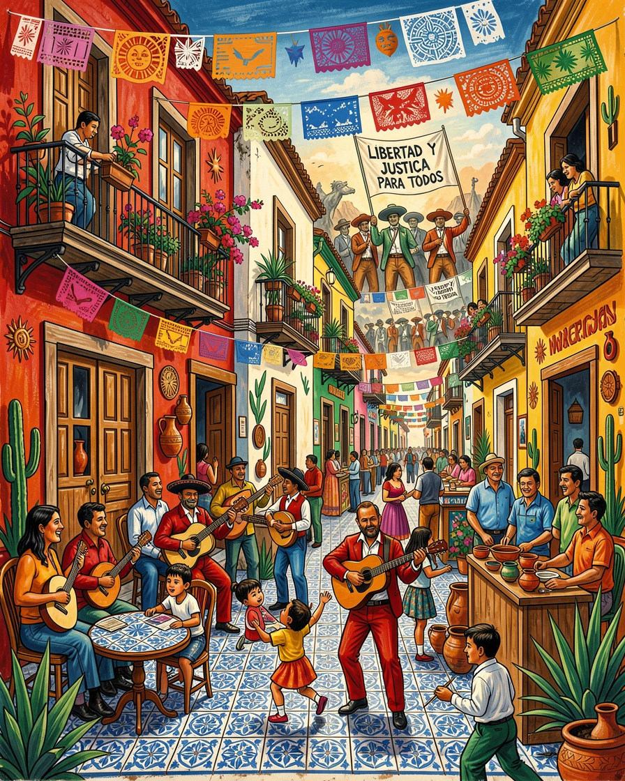 A colorful city street mural surrounded by cafes