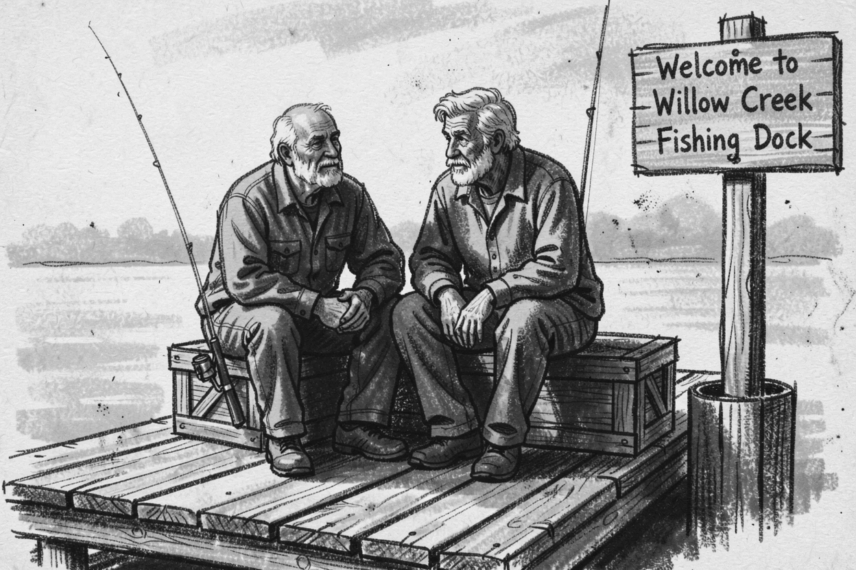 A farmer sharing a quiet moment of connection with an old friend, on a quiet fishing dock at dawn.