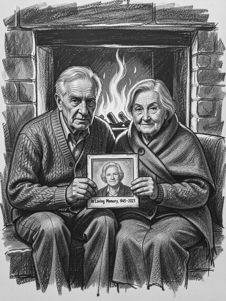 An elderly couple holding a photograph of a departed loved one, beside a crackling fireplace.