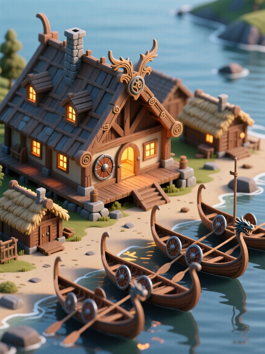 A Viking longhouse settlement with a great hall glowing from within, longships resting on a nearby fjord shore.