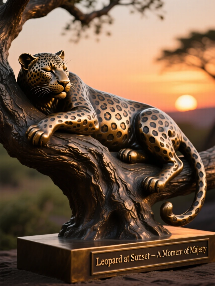 A leopard resting on a tree branch at sunset, with fine, lifelike detail in fur and feather, evoking wonder and majesty