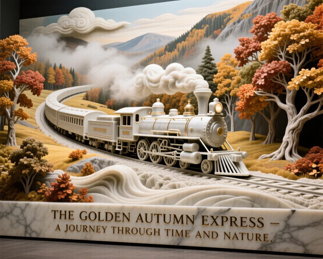 A beautifully composed image of a train winding through a golden autumn valley, amid swirling clouds and mist, full of atmosphere and visual storytelling