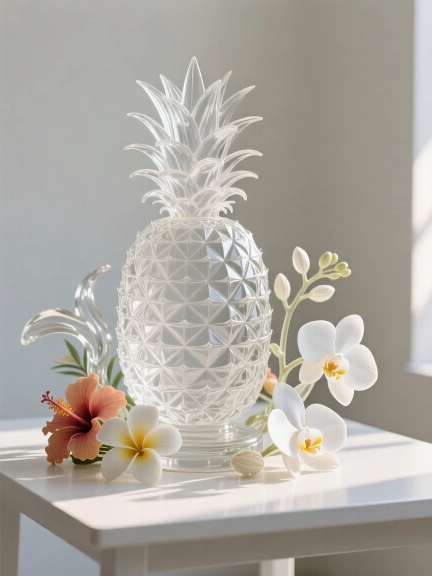 A pineapple surrounded by a scattering of tropical flowers as morning light streams across the table