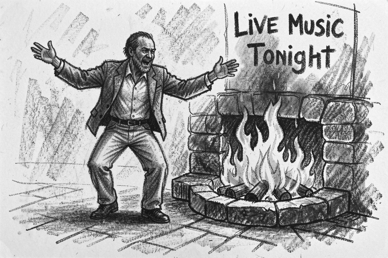 A street musician dancing freely with arms outstretched, beside a crackling fireplace.