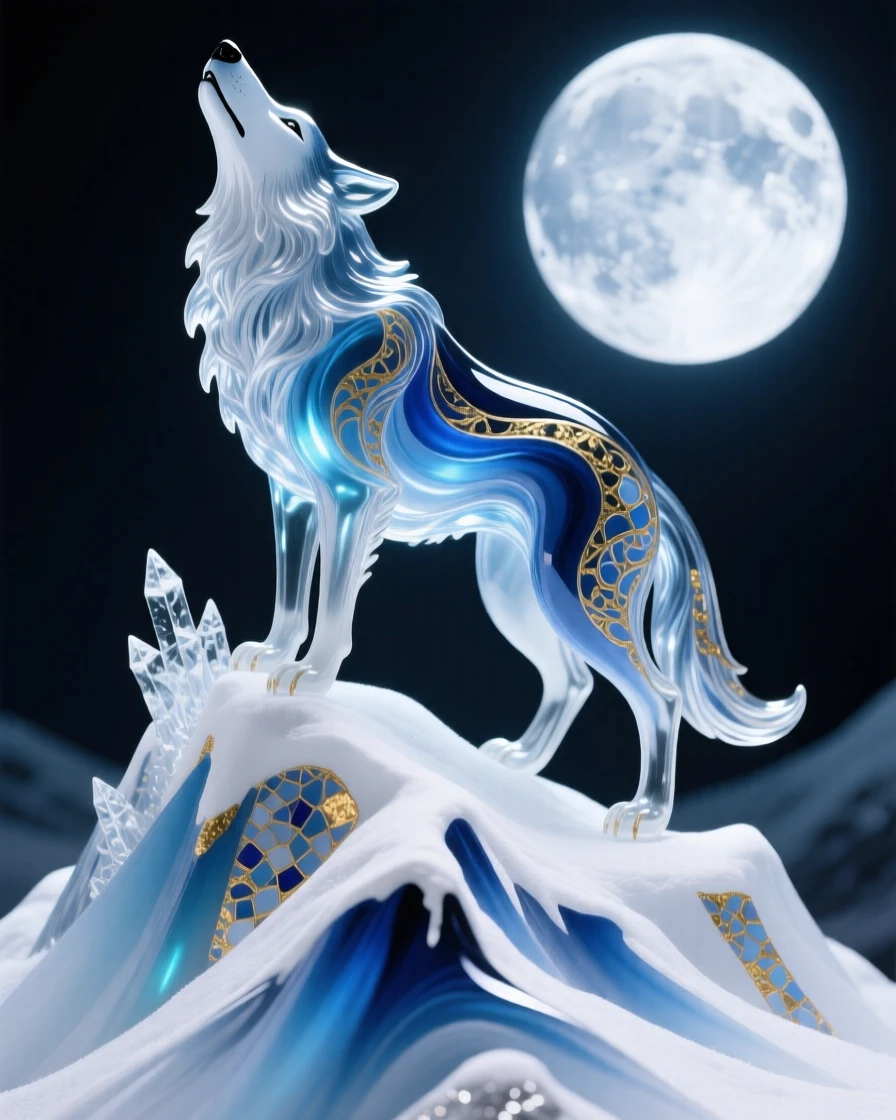 A lone wolf howling beneath a full moon atop the highest snow-covered peak, wild and haunting.