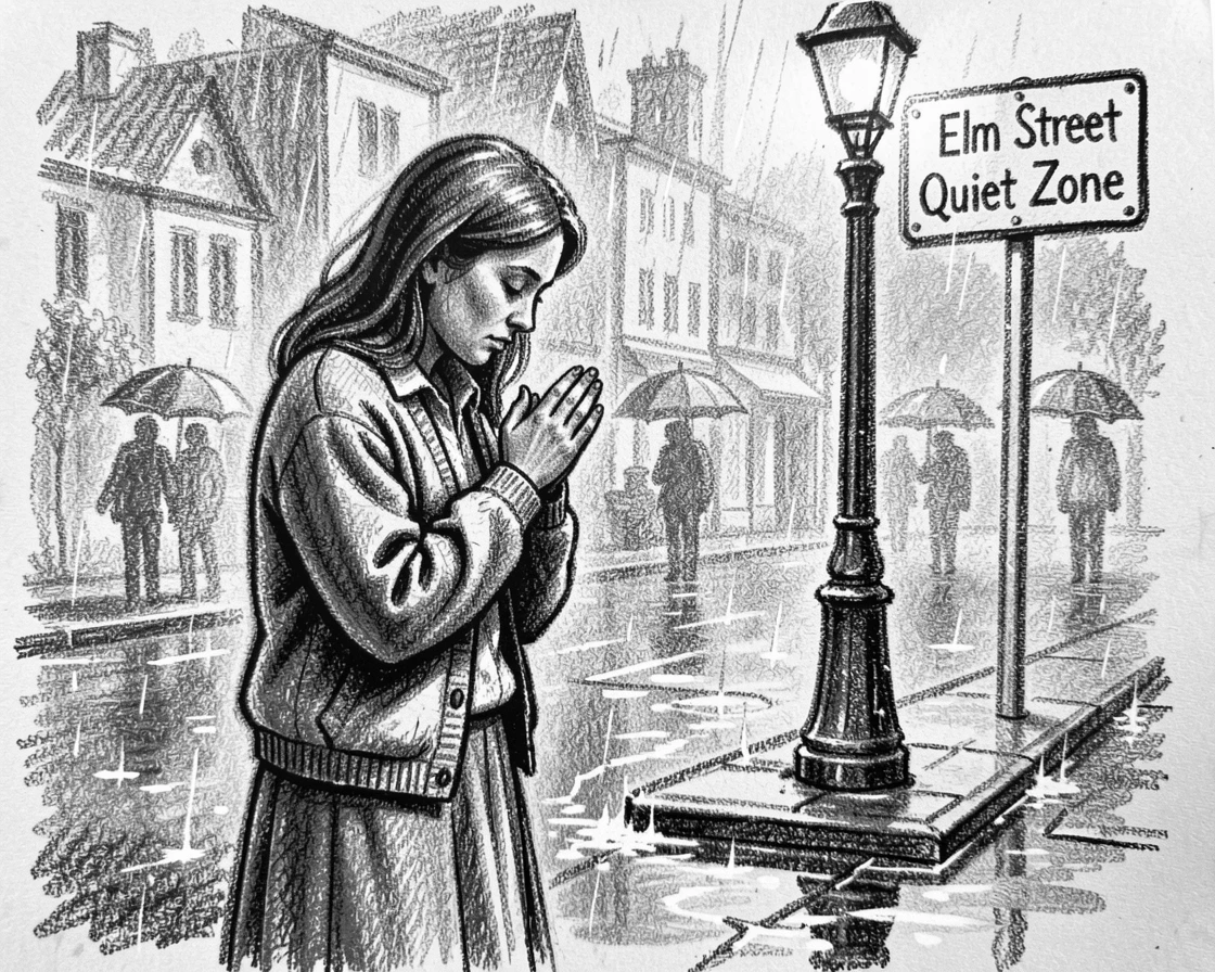 A librarian praying quietly with hands clasped together, on a rainy street corner.