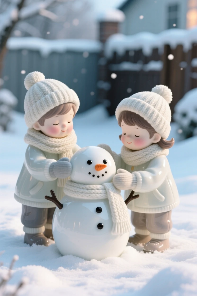 A cozy winter moment: children building a snowman in a quiet yard, bathed in soft seasonal light.