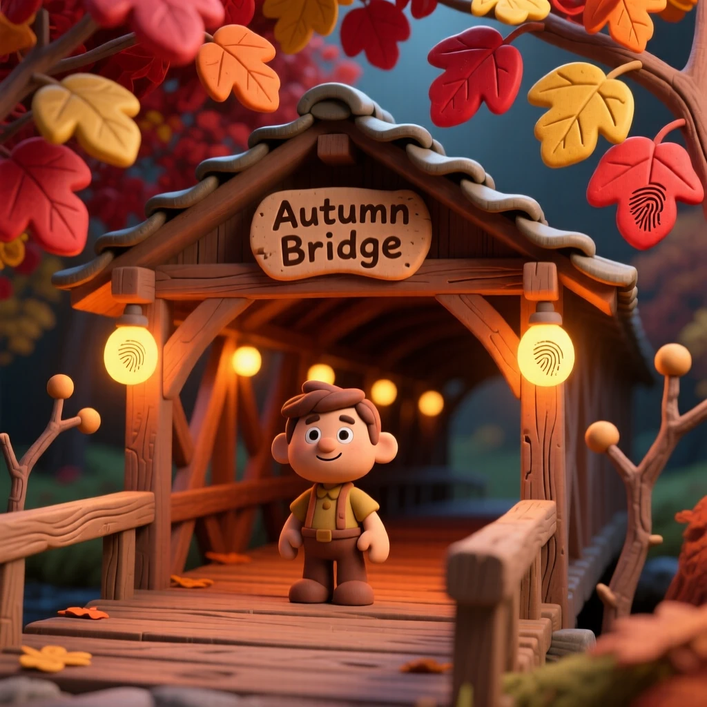 An autumn covered bridge glowing amid a canopy of red and gold
