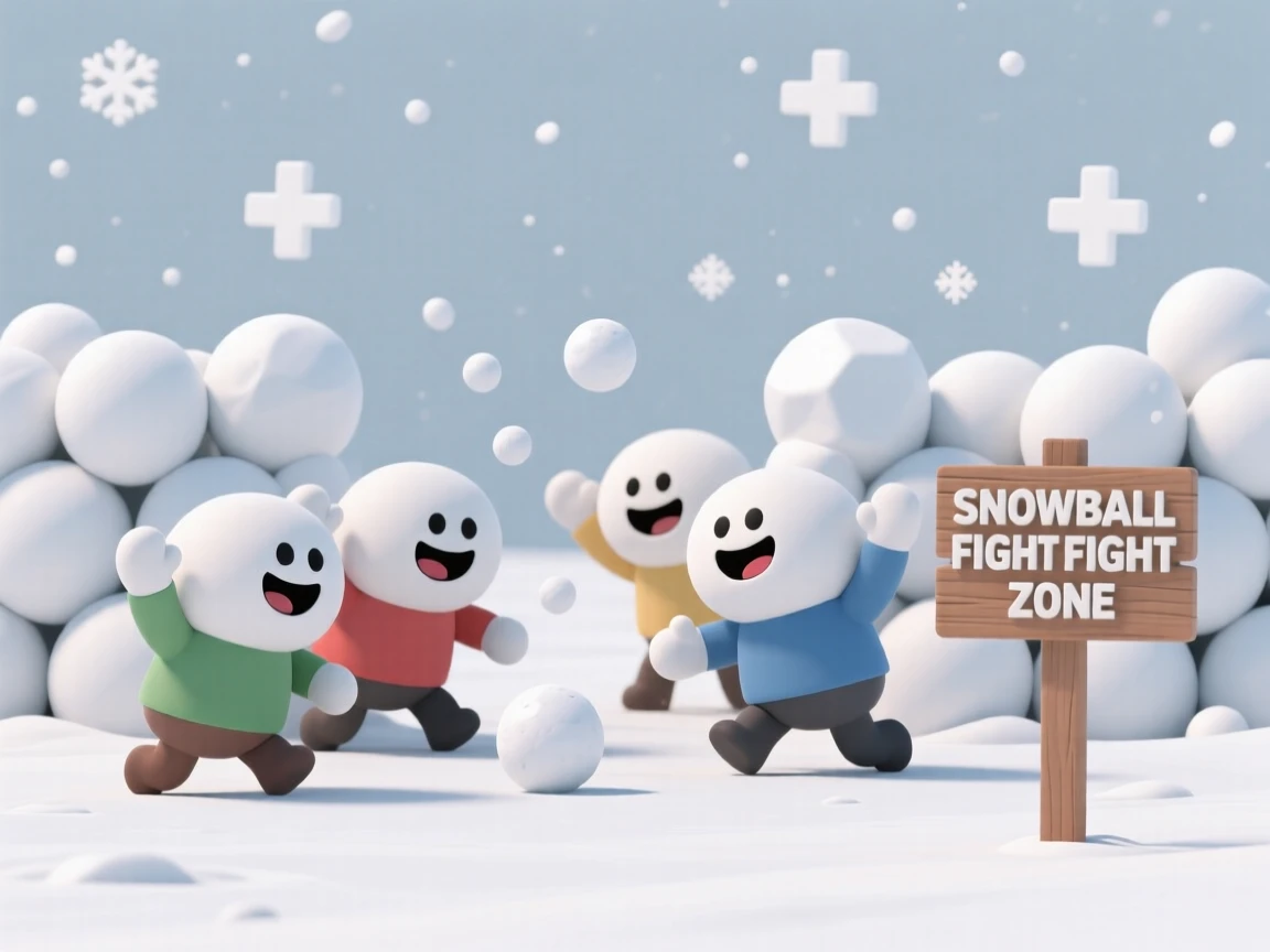 A determined snowball fight erupts between two grinning teams behind hastily built snow barriers on a frosty afternoon.