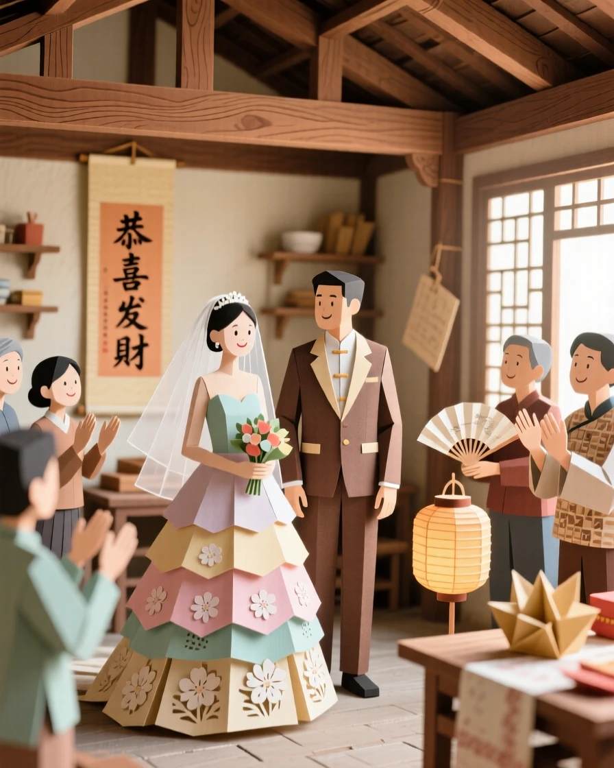 A joyous traditional wedding ceremony set in a sunlit traditional workshop, with delicate details evident in every gesture, capturing vibrant, living tradition.