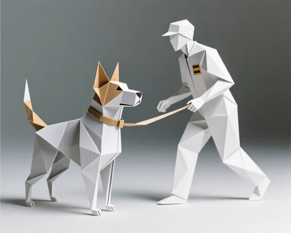 A rescue dog leading its handler safely through a search operation, tail steady and focused.