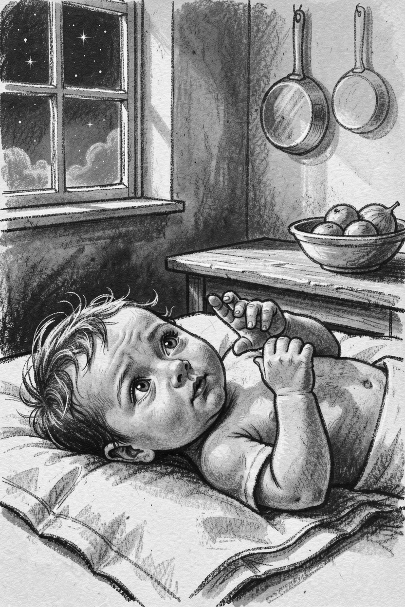 A newborn baby looking up at the stars with wonder, in a sunlit kitchen.