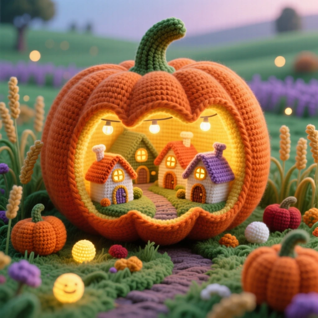 a miniature village built inside a giant pumpkin lantern, glowing warmly from within, nestled at the edge of a harvest field, tucked within a quiet, dreamlike meadow, with a scattering of tiny glowing lights, evoking playful imagination brought to life.