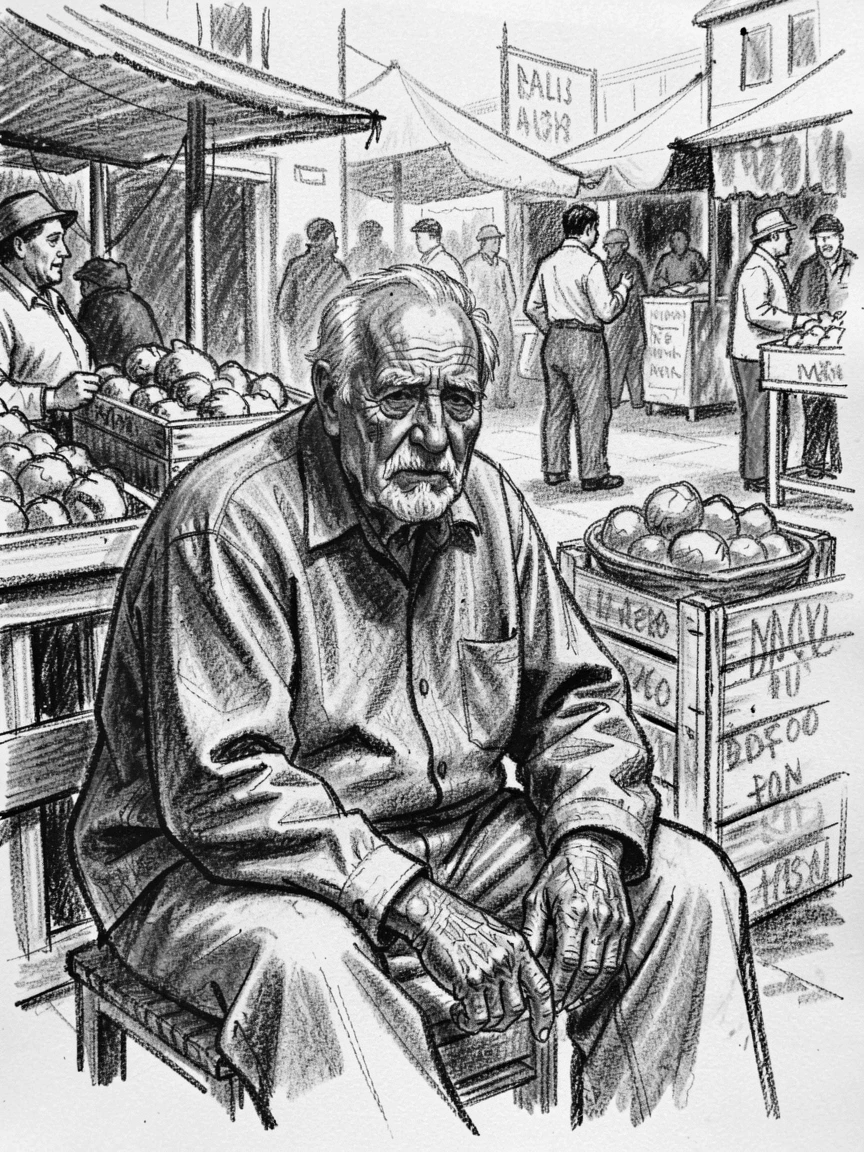 A grandfather resting after a hard day's work, hands calloused and proud, in a bustling market square.