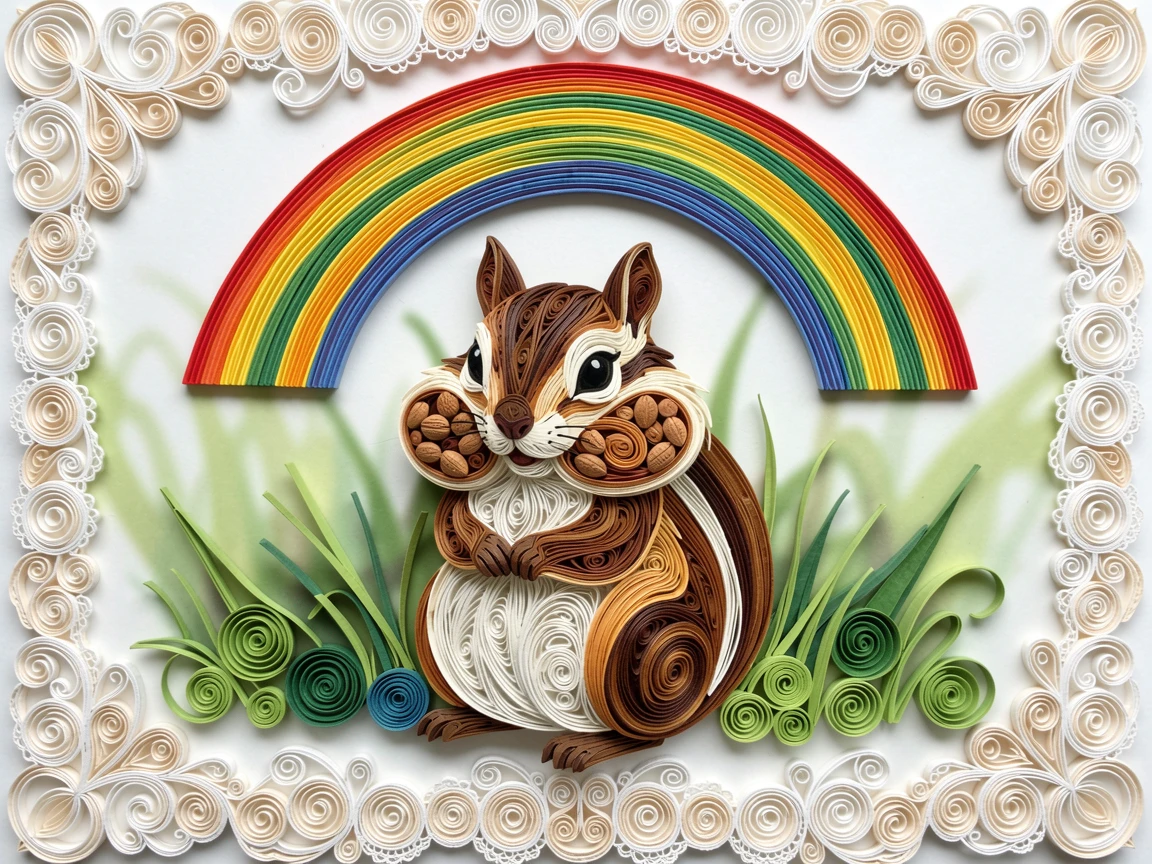 a chipmunk with cheeks bulging full of nuts, under a rainbow after a gentle spring shower, centered with soft blurred greenery in the background, with delicate lace-like texture along the edges.