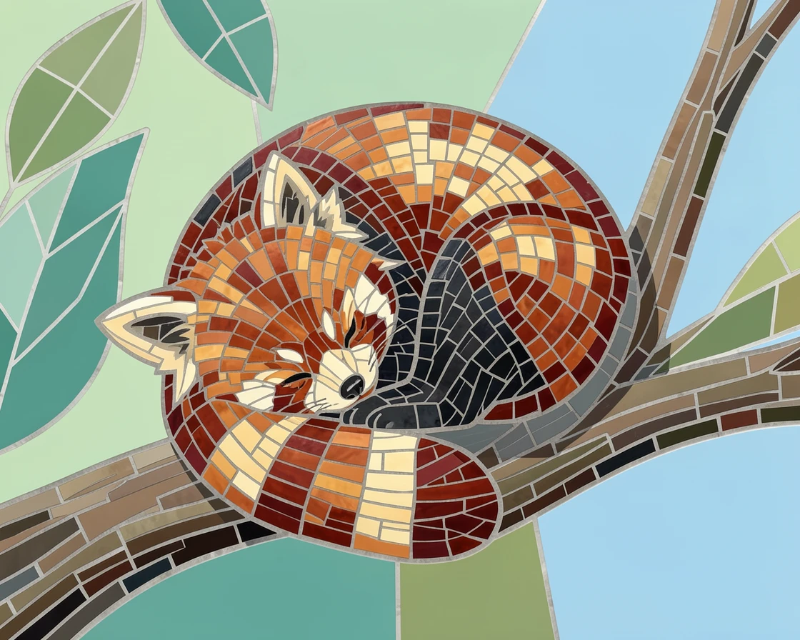 A red panda curled up asleep in a tree fork, captured in soft natural light with a shallow depth of field.