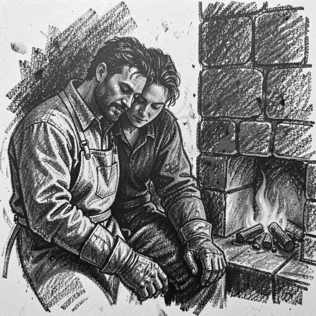 A blacksmith resting their head on a partner's shoulder, beside a crackling fireplace.